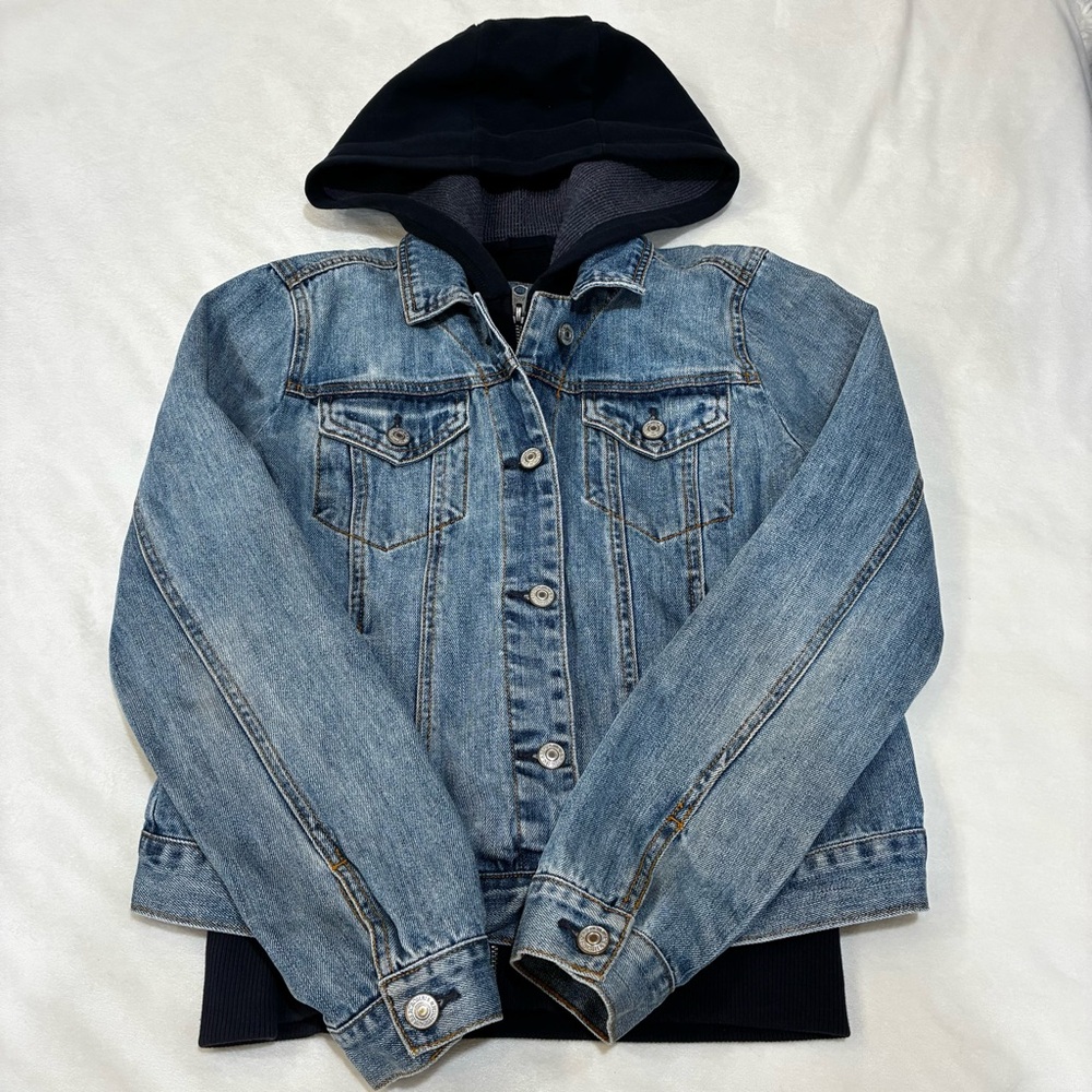 Vtg Abercrombie & Fitch Y2K Denim Jacket Hoodie 2-in-1 Layered Trucker Women's M
